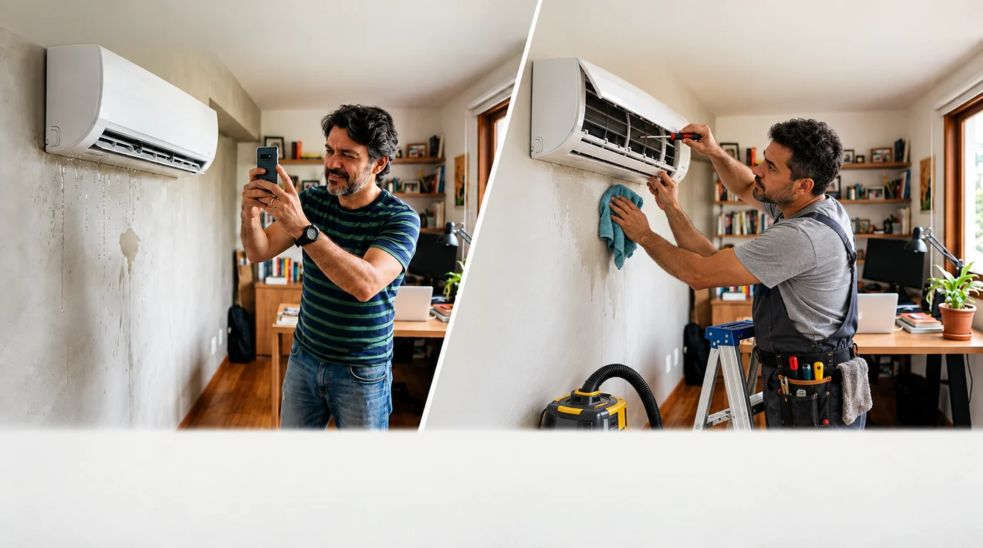 Cliente mostra um ar-condicionado com vazamento e outra pessoa realiza o reparo
