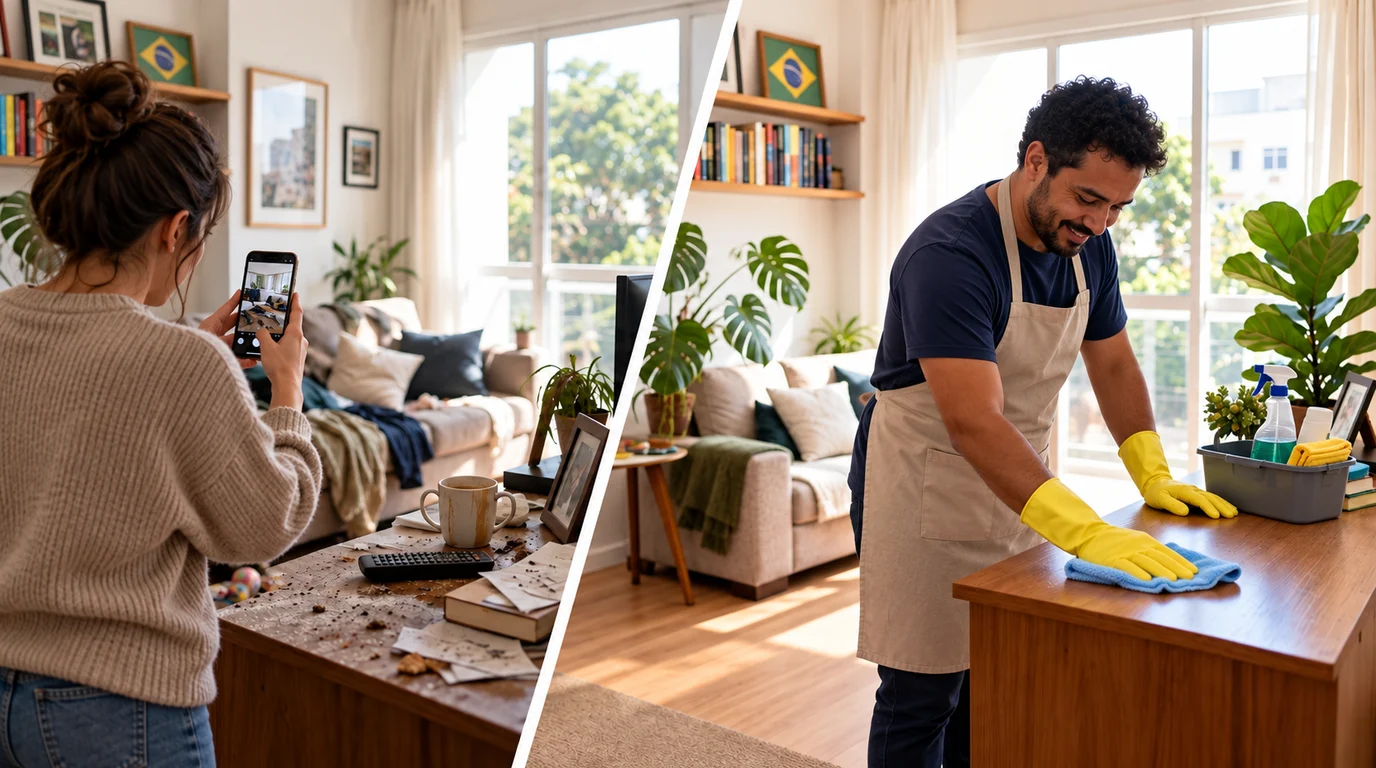 Cliente mostra uma casa suja e outra pessoa realiza a faxina