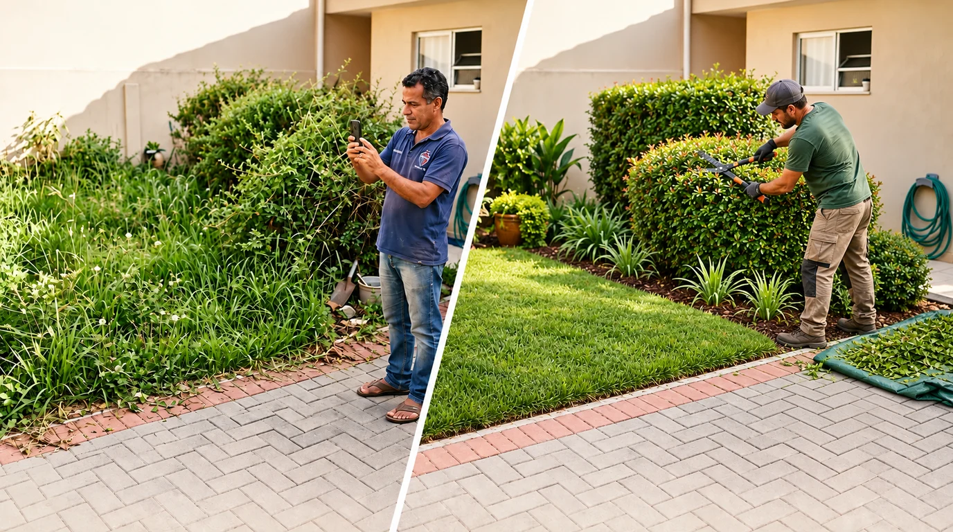 Cliente mostra um jardim sem manutenção e outra pessoa realiza o cuidado